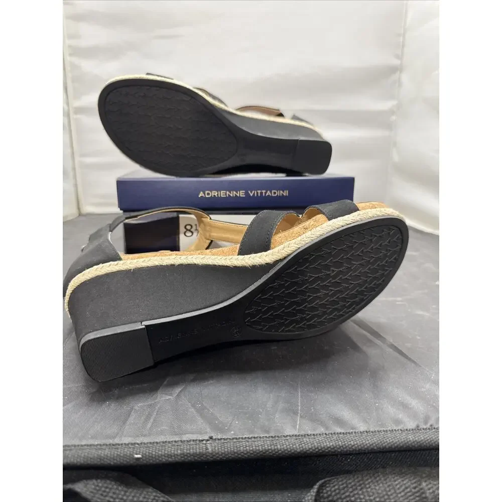 ADRIENNE VITTADINI TRIVIA Wedge Sandals Black Ankle Strap Women's Size 8.5 New